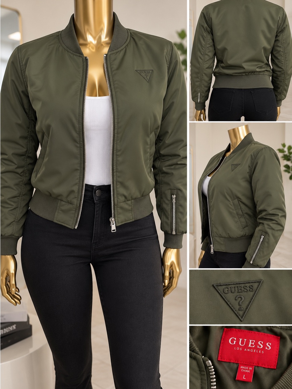 GUESS Olive Green Women's Bomber Jacket with Ribbed Trim